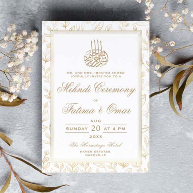 Gold Frame Leaves Pattern Islamic Mehndi Ceremony Invitation (Creator Uploaded)