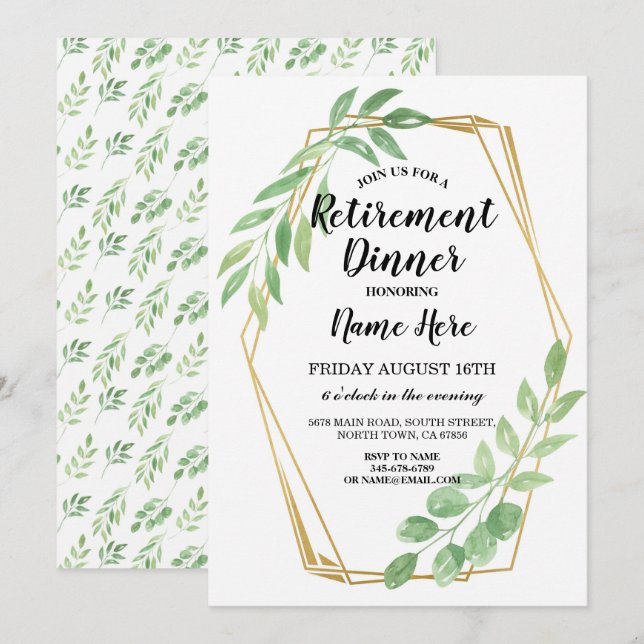 Gold Frame Leaves Retirement Party Retired Invite (Front/Back)