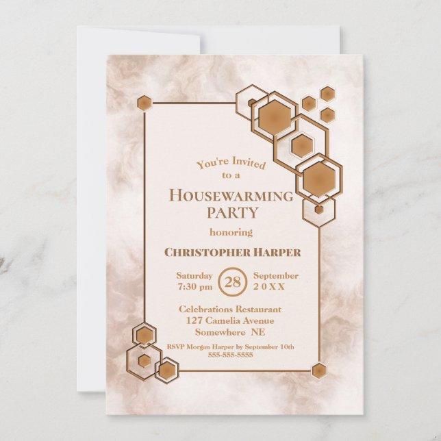 Gold Frame Marble Housewarming Party Invitation (Front)