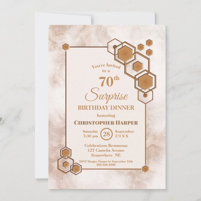 Gold Frame Marble Surprise 70th Birthday Dinner Invitation (Front)