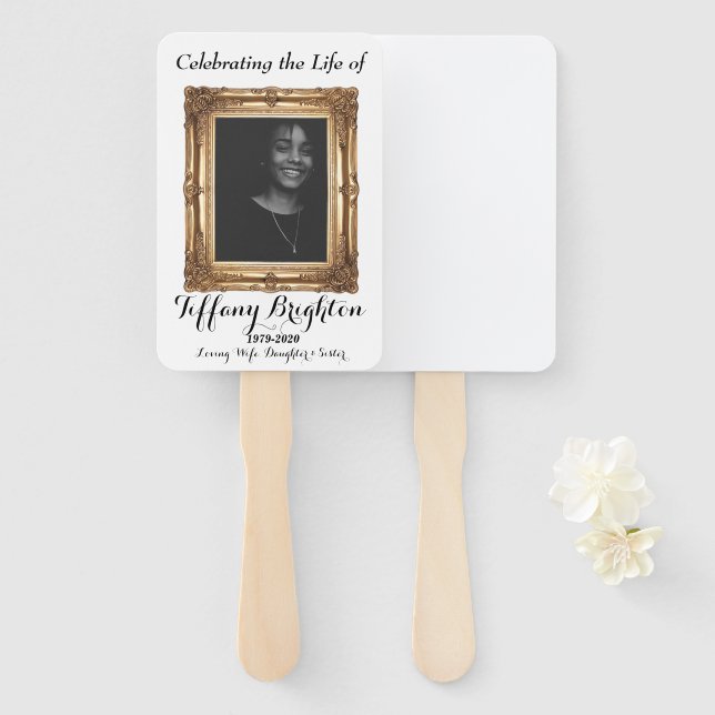 Gold Frame Memorial Funeral Hand Fan (Front and Back)