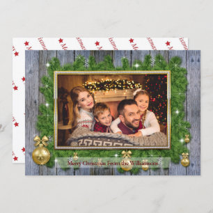 Gold Frame on Pine Weathered Wood Christmas Photo Holiday Card