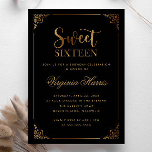 Gold Frame Ornate Black Sweet Sixteen 16 Birthday Invitation