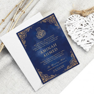 Gold Frame Ornate Blue Islamic Aqiqa Aqeeqa Baby Invitation