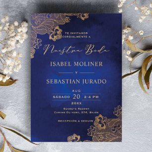 Gold Frame Ornate Blue Nuestra Boda Spanish Invitation