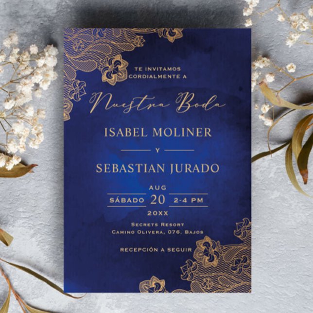 Gold Frame Ornate Blue Nuestra Boda Spanish Invitation (Creator Uploaded)