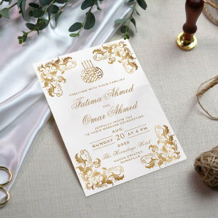 Gold Frame Ornate Ivory Islamic Muslim Wedding Invitation
