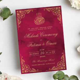 Gold Frame Ornate Red Islamic Mehndi Ceremony Invitation