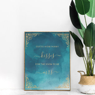 Gold Frame Ornate Turquoise How Many Kisses Game Poster