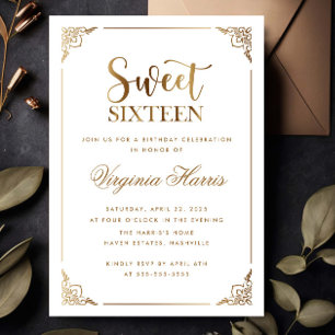 Gold Frame Ornate White Sweet Sixteen 16 Birthday Invitation