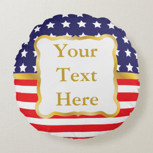 Gold Frame Over Patriotic Background Round Cushion
