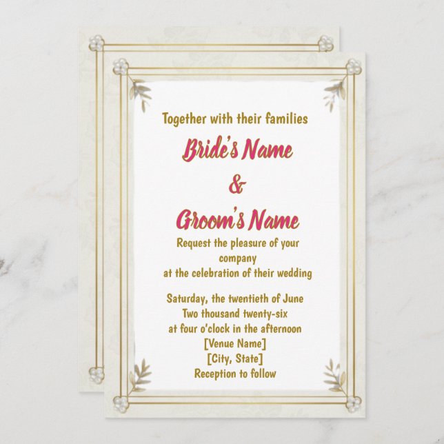 Gold Frame Pearl Floral Wedding Invitation (Front/Back)