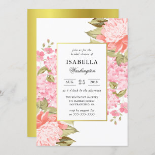 Gold Frame Peonies and Hydrangeas Bridal Shower Invitation