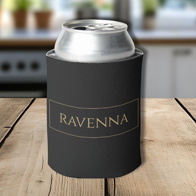 Gold Frame Personalised Name Deep Black Luxury Can Cooler (Creator Uploaded)