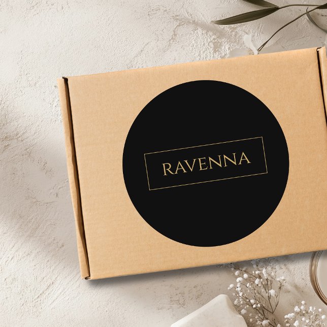 Gold Frame Personalised Name Deep Black Luxury Classic Round Sticker (Creator Uploaded)