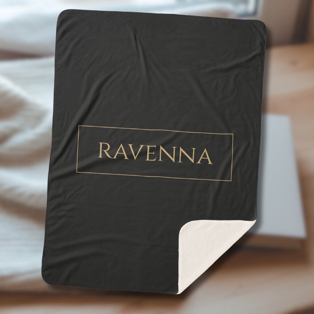 Gold Frame Personalised Name Deep Black Luxury Sherpa Blanket (Creator Uploaded)