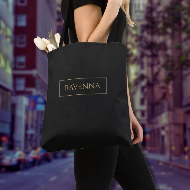 Gold Frame Personalised Name Deep Black Luxury Tote Bag (Creator Uploaded)
