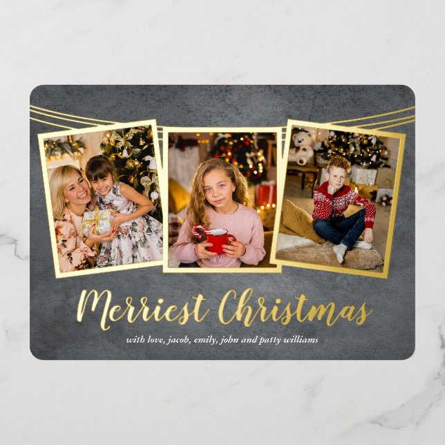 Gold Frame Photo Collage Merriest Christmas  Foil Holiday Card (Front)