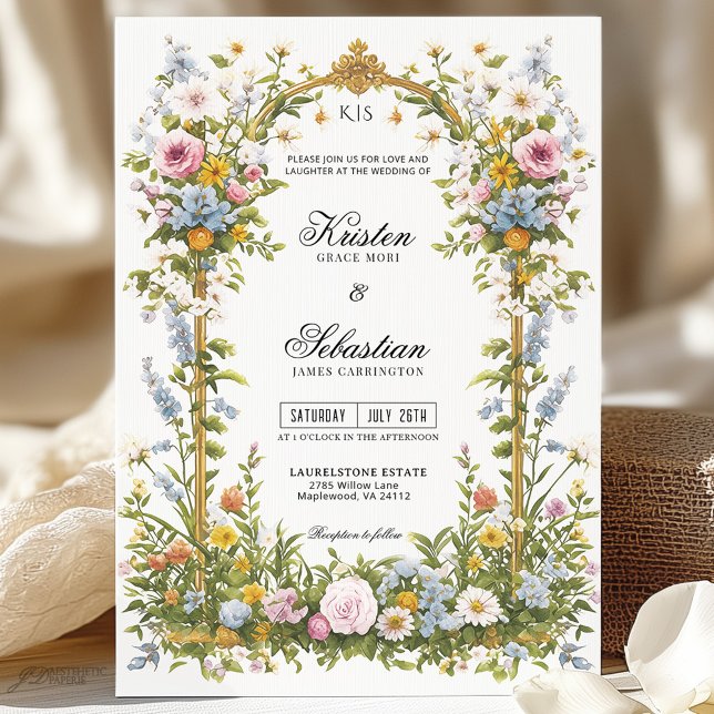 Gold Frame Pink and Blue Wildflower Wedding  Invitation (Creator Uploaded)