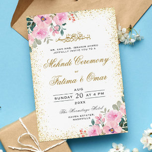 Gold Frame Pink Floral  Islamic Mehndi Ceremony Invitation