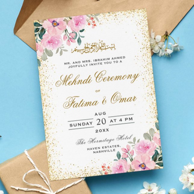 Gold Frame Pink Floral  Islamic Mehndi Ceremony Invitation (Creator Uploaded)