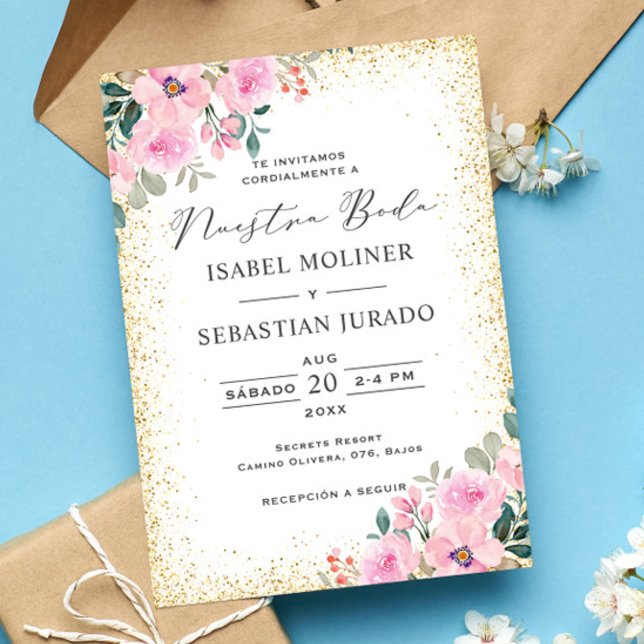 Gold Frame Pink Floral Nuestra Boda Spanish Invitation (Creator Uploaded)