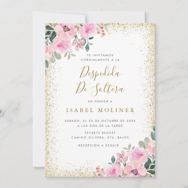 Gold Frame Pink Floral Spanish Bridal Shower Invitation (Front)