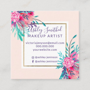 Gold frame pink floral watercolor makeup square business card