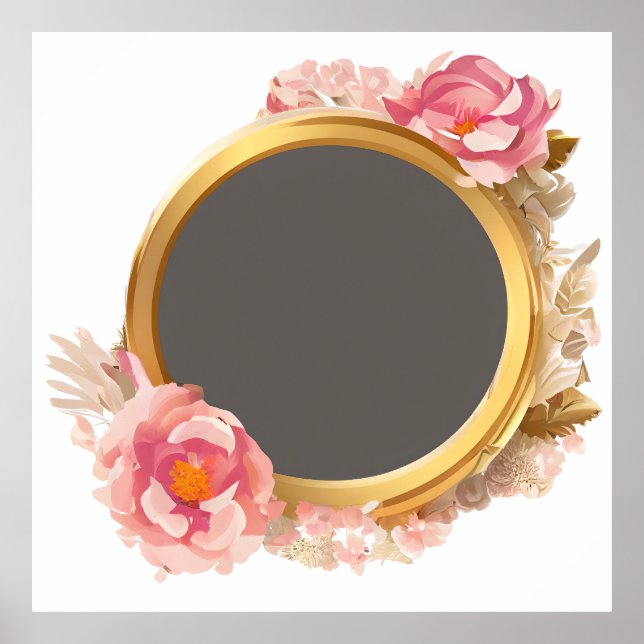 Gold Frame Pink Floral Wreath Poster (Front)