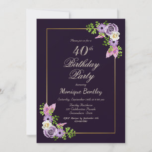 Gold Frame Purple Floral 40th Birthday Party Invitation