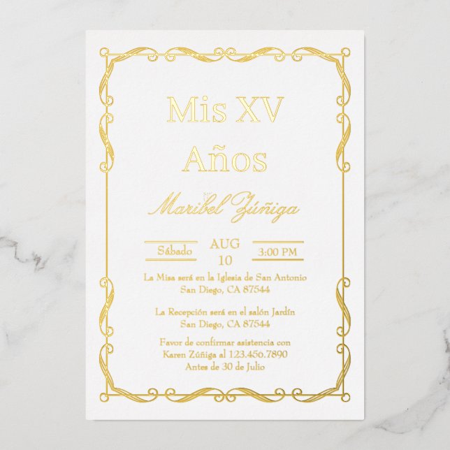 Gold frame Quinceanera invitation (Front)