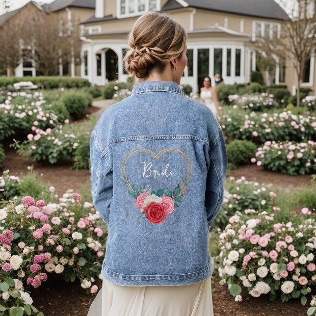Gold Frame Red Pink White Roses Bride  Denim Jacket (Wedding Back)