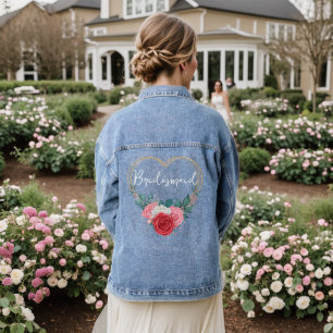 Gold Frame Red Pink White Roses Bridesmaid  Denim Jacket