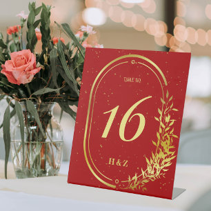 Gold Frame Red Wedding Table Number Pedestal Sign