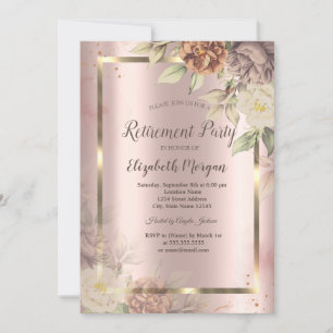 Gold Frame,Rose Gold Blush Flowers Retirement Invitation