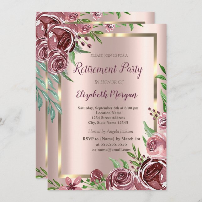 Gold Frame,Rose Gold Burgundy Roses Retirement  Invitation (Front/Back)