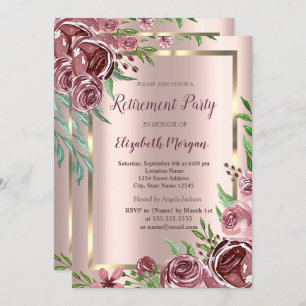 Gold Frame,Rose Gold Burgundy Roses Retirement  Invitation