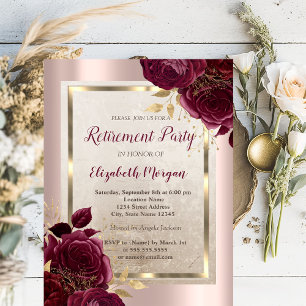 Gold Frame,Rose Gold Burgundy Roses Retirement  Invitation