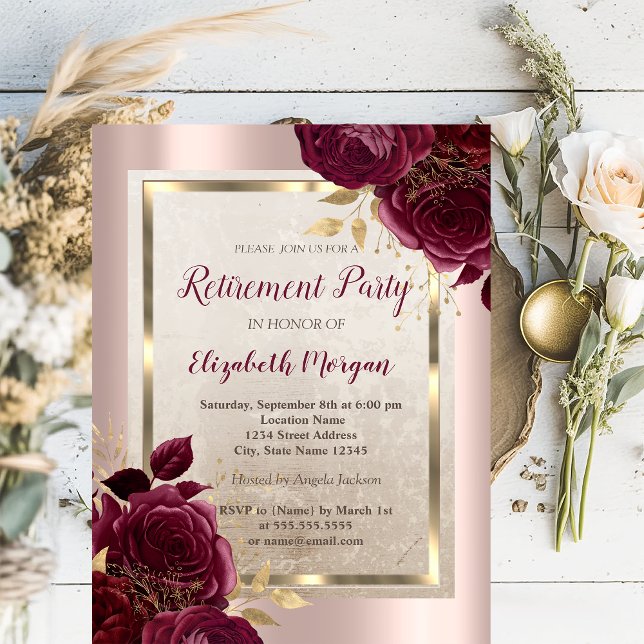 Gold Frame,Rose Gold Burgundy Roses Retirement  Invitation (Creator Uploaded)