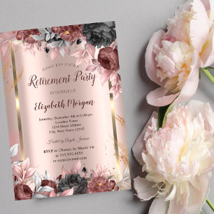 Gold Frame,Rose Gold Chic Flowers  Retirement  Invitation