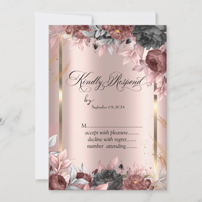 Gold Frame,Rose Gold Chic Flowers RSVP  Invitation (Front)