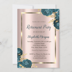 Gold Frame,Rose Gold Green Flowers Retirement  Invitation