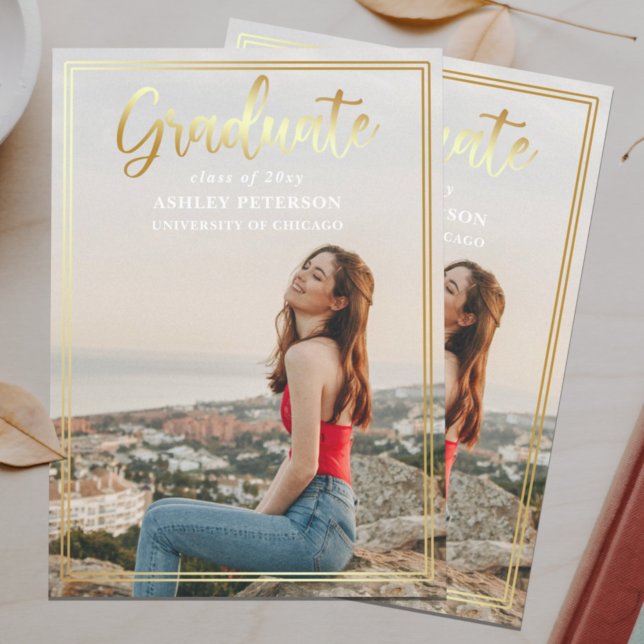 Gold Frame Script Modern Full Photo Graduation  Invitation (Creator Uploaded)