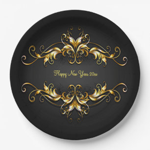 Gold Frame Scroll Happy New Year 20xx Text 9" Paper Plate