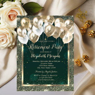 Gold Frame Sequins Balloons Green Retirement Invitation