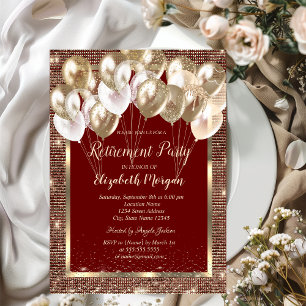 Gold Frame Sequins Balloons Red Retirement  Invitation