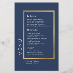Gold Frame. Simple formal navy blue wedding menu