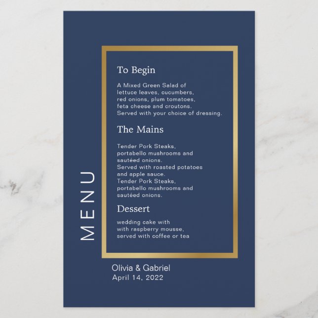 Gold Frame. Simple formal navy blue wedding menu (Front)