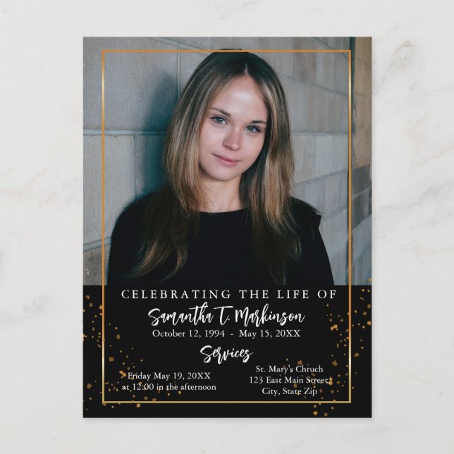 Gold Frame Simple Modern Speckled Funeral Postcard (Front)