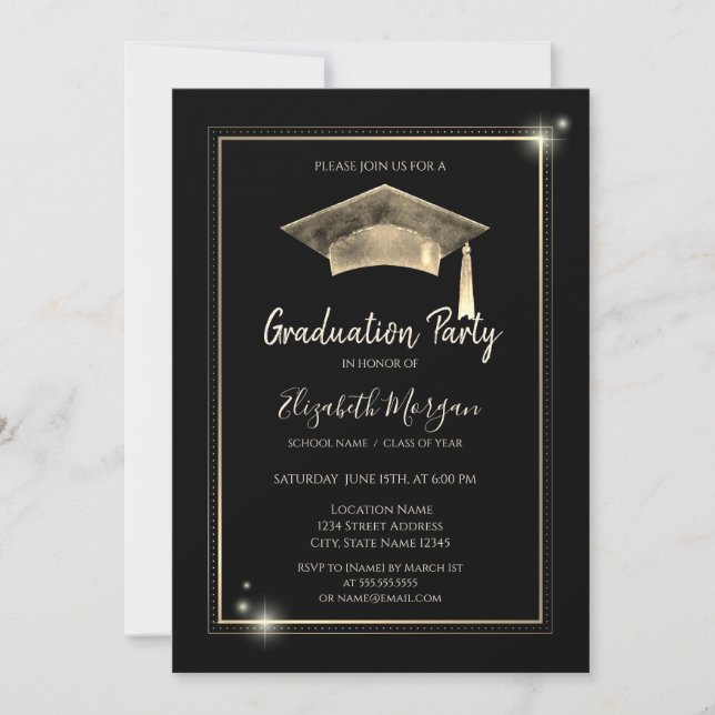 Gold Frame Sparkle,Graduation Cap Graduation Invitation (Front)